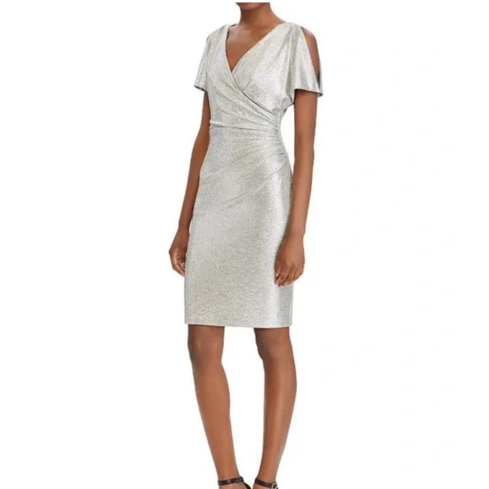 Ralph Lauren Silver Sheath Dress with Shoulder Flutter Sleeves Size 4 Brand New